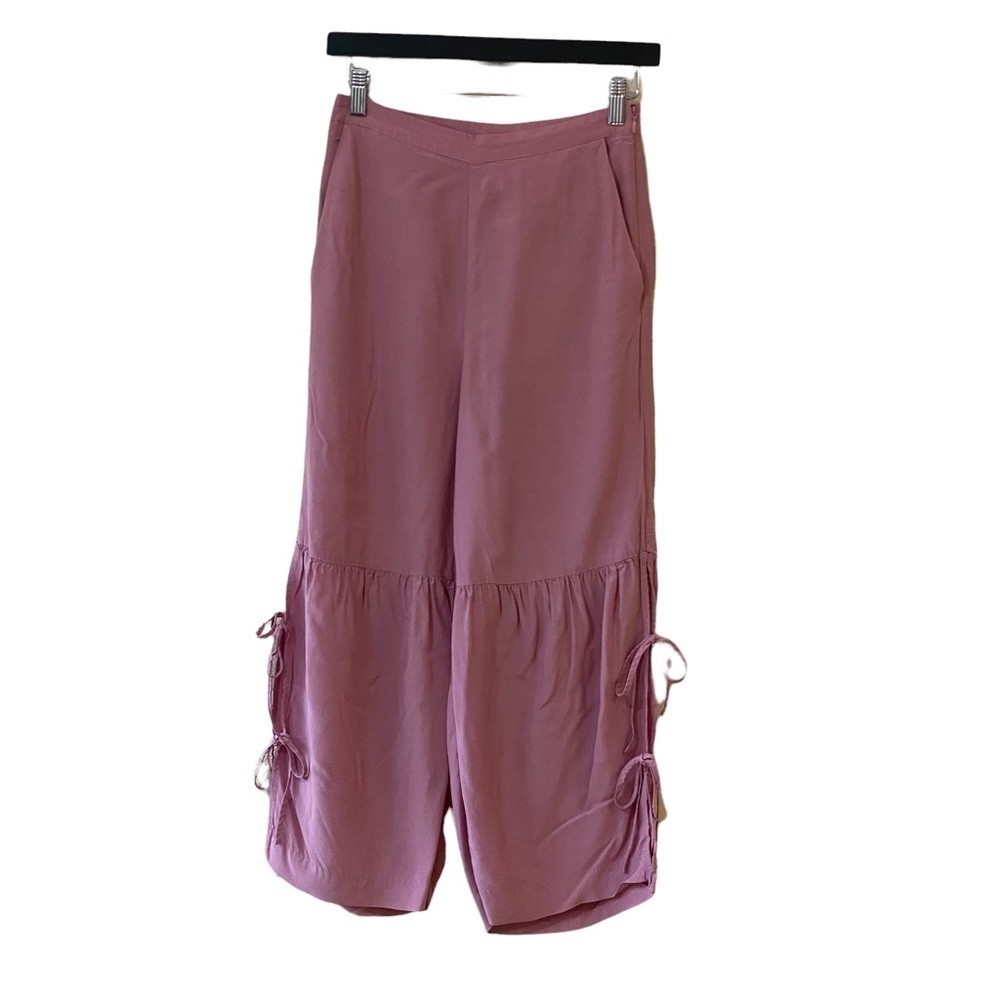 H&M Dusty Pink Boho High-Waisted Wide-Leg Tie-Up Cropped Pants